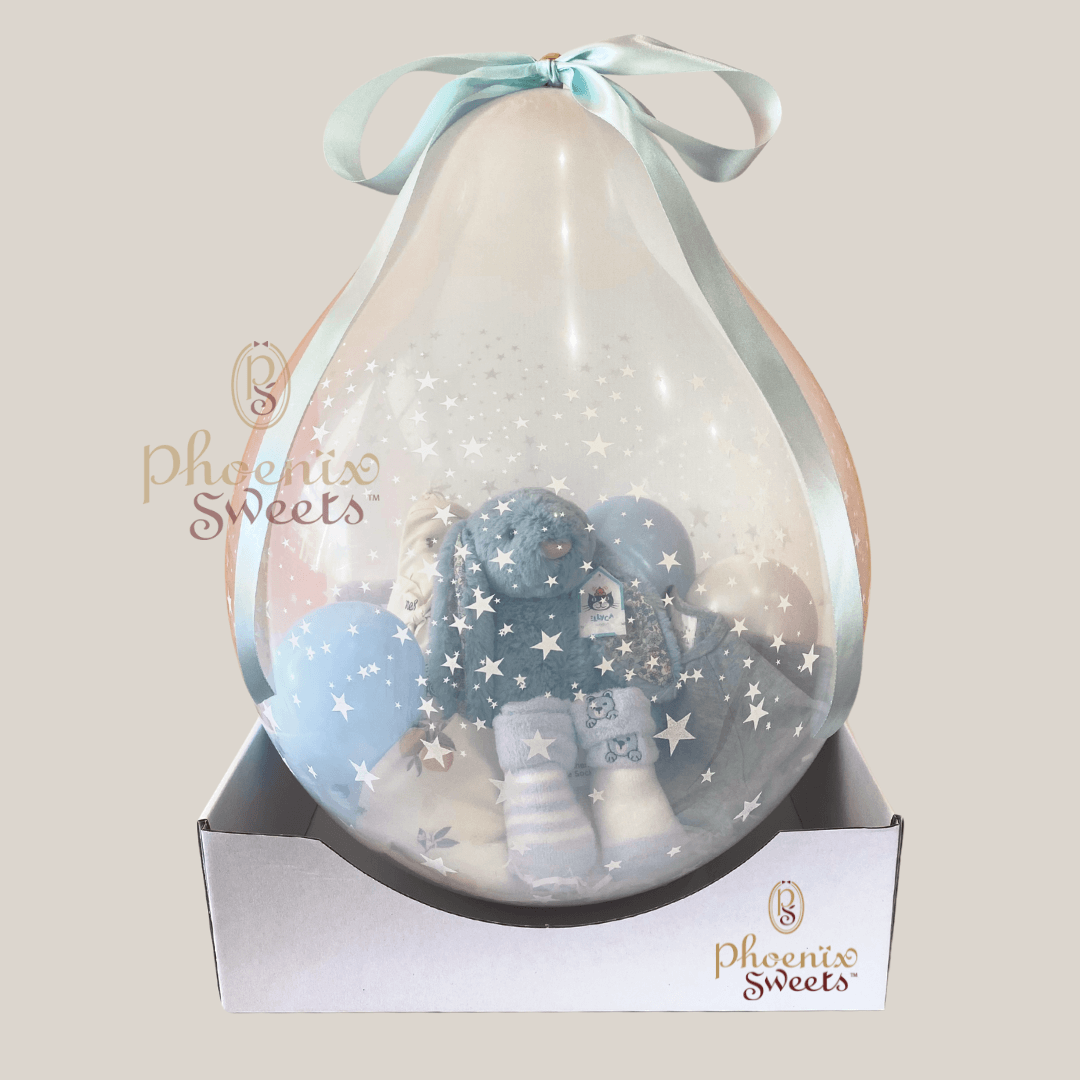 Phoenix Sweets Cakery - Balloon Hamper - Jellycat Bunny. Celebrate Birthday, Wedding, Baby Shower and Anniversary in Adelaide, South Australia with Delicate Designs. Gift Items also available.