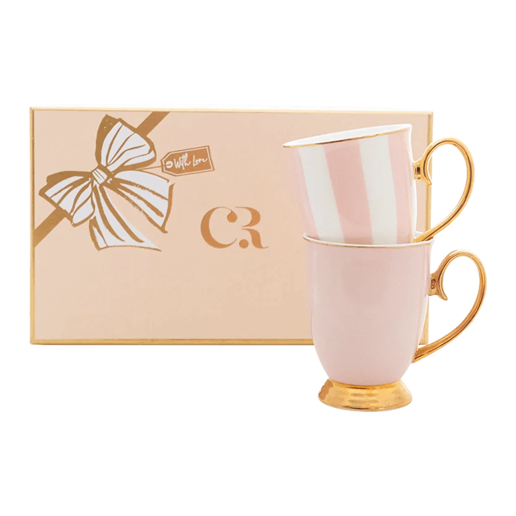 Phoenix Sweets Cakery - Cristina Re - Blush Stripe & Blush Mug Set - Set of 2. Celebrate Birthday, Wedding, Baby Shower and Anniversary in Adelaide, South Australia with Delicate Designs. Gift Items also available.