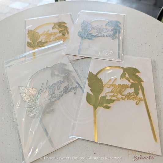Cake topper - Happy Birthday (with Leaves decoration)