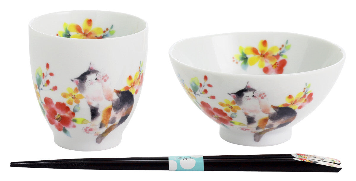 Rice Bowl, Teacup & Chopsticks Gift Set - Flower Cat