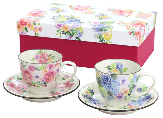 Mino ware Cup & Saucer Set Gift - Hand Painted Flowers (Gift Set of 2)