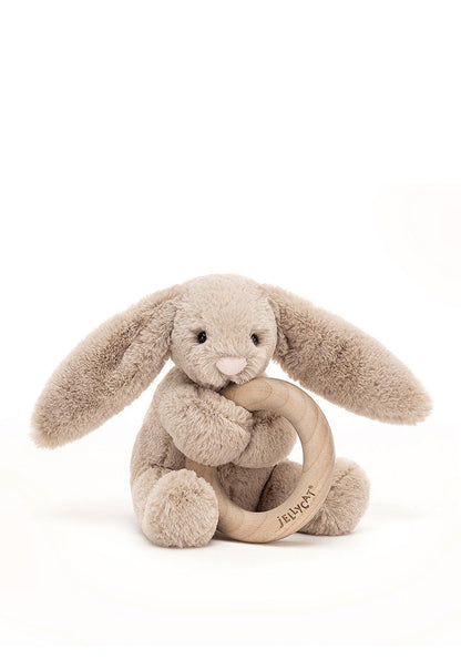 Jellycat Soft Toy - Bashful Beige Bunny Wooden Ring Toy (13cm tall)